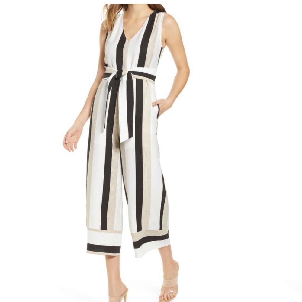 All in Favor Jumpsuit - Tan black and white striped - Size medium